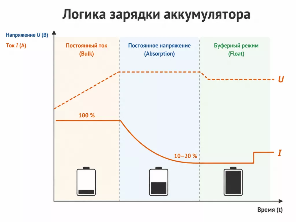 График заряда АКБ, 3 стадии.